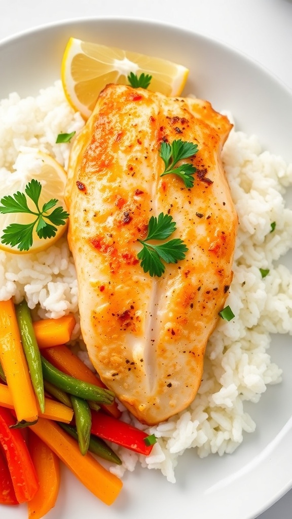 Tilapia fillets on rice with lemon and parsley, served with steamed vegetables.